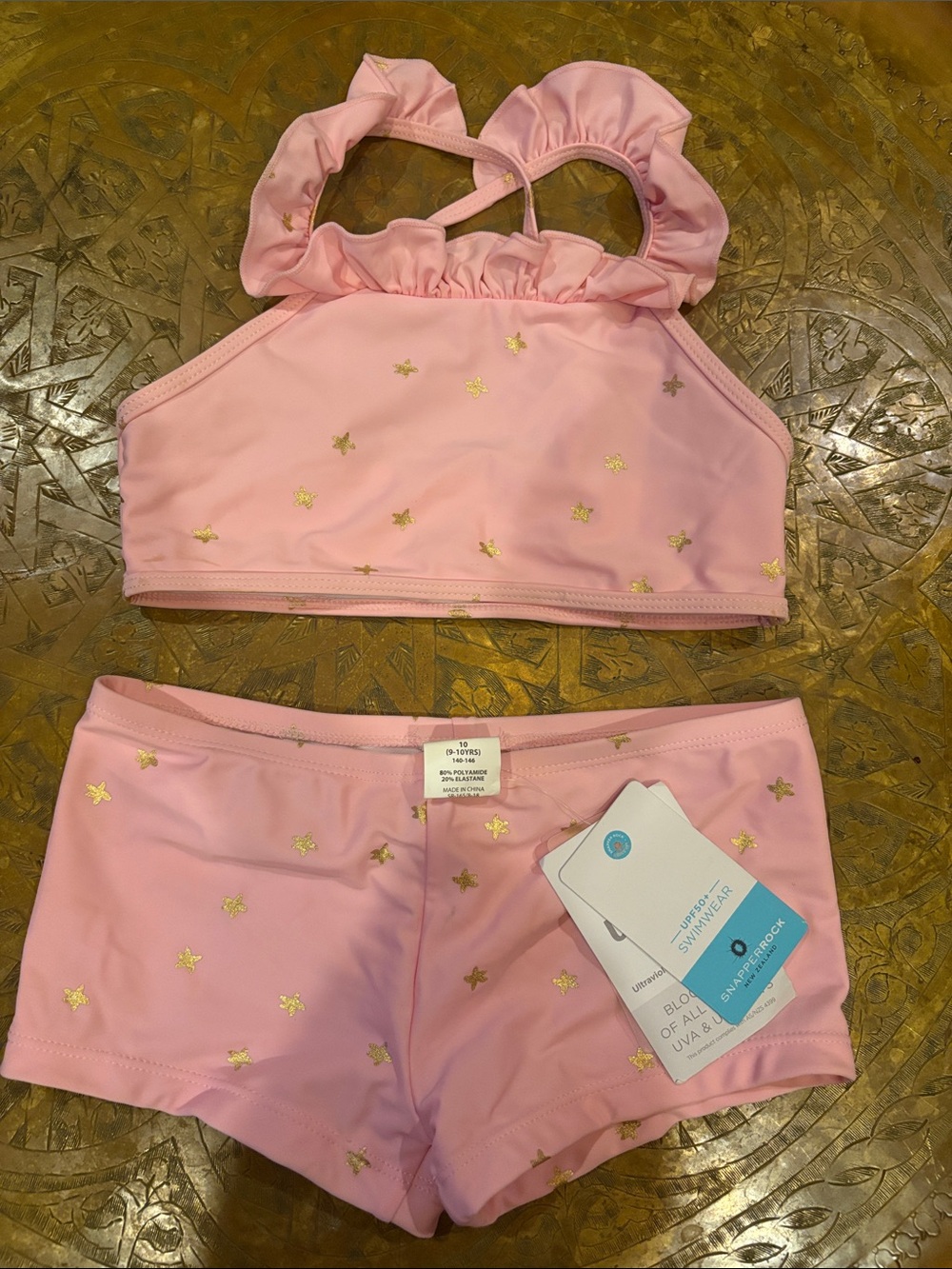 Snapper Rock Pink Ruffle Two-Piece Swim Set with Gold Star Accents
